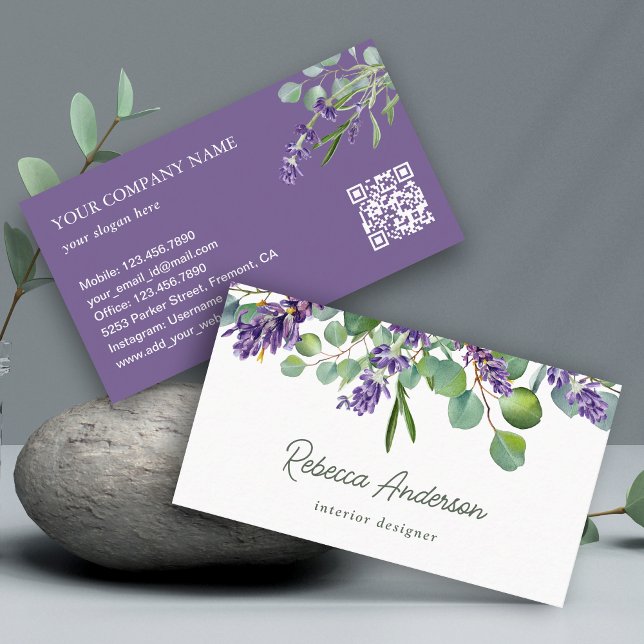 Tarjeta De Visita Código QR de eucalipto floral de lavanda rústica (Subido por el creador)