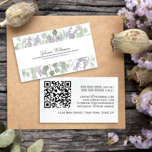 Tarjeta De Visita Código QR de Eucalipto y Lavanda con Acuarela Rúst
