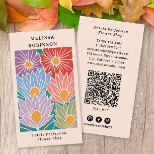 Tarjeta De Visita Código QR de Flores Coloridas Retro Groovy Florist