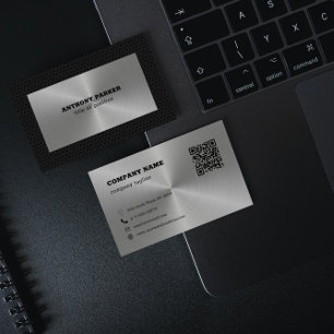 Tarjeta De Visita Código QR de fondo negro de plata Metalizado