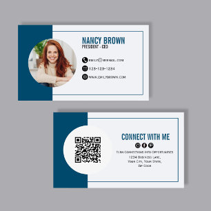 Tarjeta De Visita Código QR de Foto Azul Marino Conéctate Conmigo