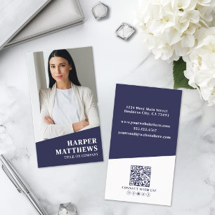 Tarjeta De Visita Código QR de Foto Azul Marino Vertical