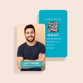 Tarjeta De Visita Código QR de Foto Azul Moderno Conéctate Conmigo
