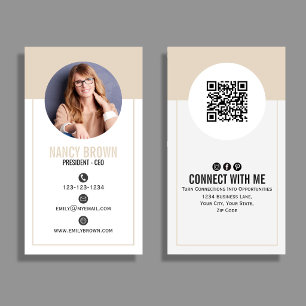 Tarjeta De Visita Código QR de Foto Beige Conéctate Conmigo Minimali