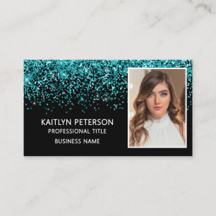 Tarjeta De Visita Código QR de Foto con Brillo Aqua Elegante Negro