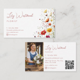 Tarjeta De Visita Código QR de foto con fuente de escritura de flor 