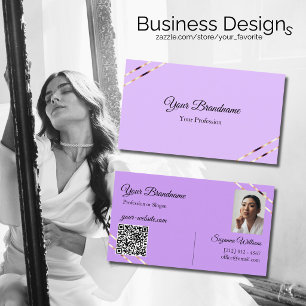 Tarjeta De Visita Código QR de foto con líneas de oro rosa y lavanda