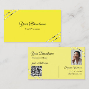 Tarjeta De Visita Código QR de foto con líneas plateadas amarillas y