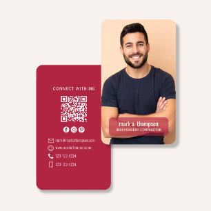Tarjeta De Visita Código QR de Foto Conecta Conmigo Burgundy Moderno