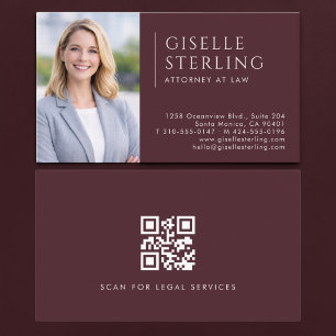 Tarjeta De Visita Código QR de foto de abogado burgundy
