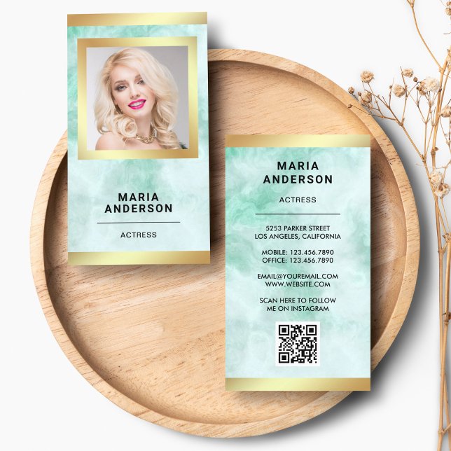 Tarjeta De Visita Código QR de foto de actriz modelo mármol verde do (Subido por el creador)