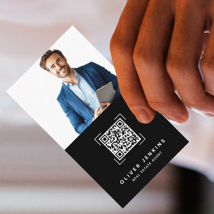 Tarjeta De Visita Código QR de foto de agente inmobiliario en blanco