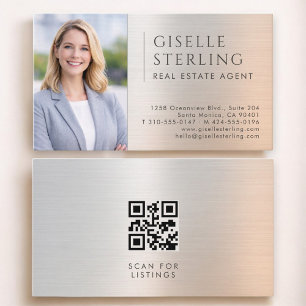 Tarjeta De Visita Código QR de foto de agente inmobiliario en metal