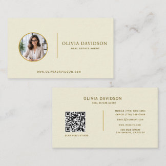 Tarjeta De Visita Código QR de foto de bienes raíces dorado beige pr