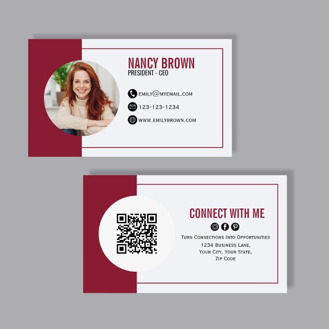 Tarjeta De Visita Código QR de Foto de Borgoña Conéctate Conmigo (Modern QR code business card with photo and bold red accents, perfect for stylish networking. )