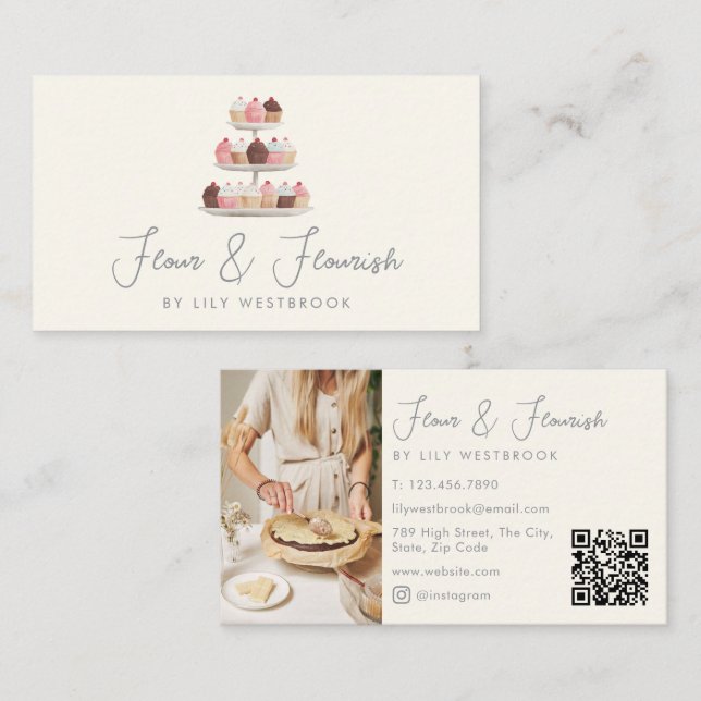 Tarjeta De Visita Código QR de foto de cupcakes de panadería con gui (Anverso / Reverso)