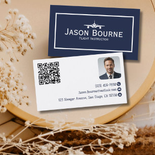 Tarjeta De Visita Código QR de foto de empleado profesional Azul Avi