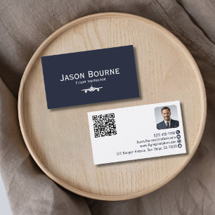 Tarjeta De Visita Código QR de foto de empleado profesional Azul Avi