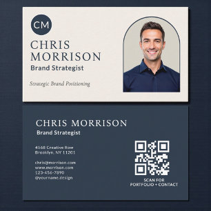 Tarjeta De Visita Código QR de foto de estratega de marca azul marin