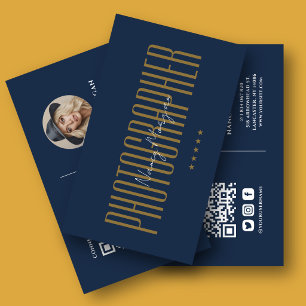 Tarjeta De Visita Código QR de foto de fotografía azul marino dorado