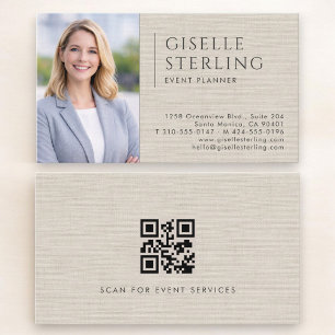 Tarjeta De Visita Código QR de foto de lino para planificador de eve