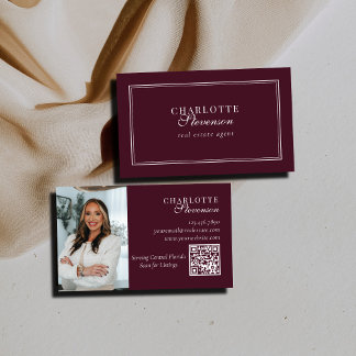 Tarjeta De Visita Código QR de foto de lujo profesional burgundy y b