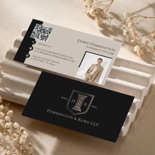Tarjeta De Visita Código QR de foto de Monograma Black Luxe Abogado 