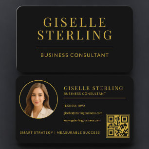 Tarjeta De Visita Código QR de foto de oro negro de consultor de neg