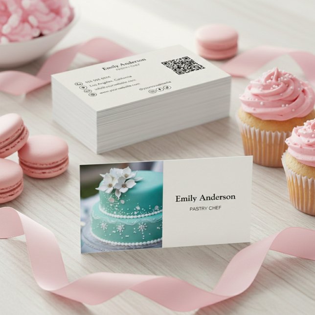 Tarjeta De Visita Código QR de foto de panadería de pastelero (Pastry Chef Bakery Photo QR Code Business Card)