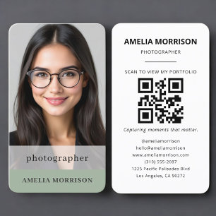 Tarjeta De Visita Código QR de foto del fotógrafo Sage Green
