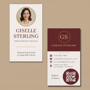 Tarjeta De Visita Código QR de foto dorado y burgundy