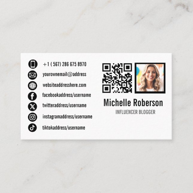 Tarjeta De Visita código qr de foto e iconos de medios sociales (Anverso)