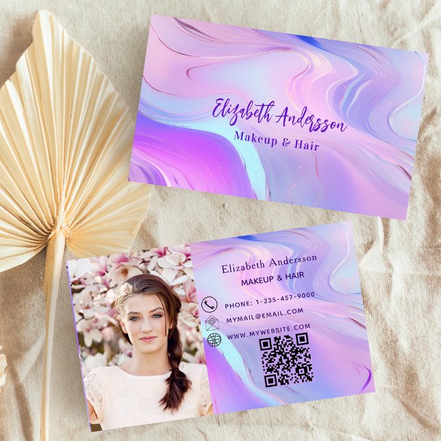 Tarjeta De Visita Código qr de foto holográfica rosa púrpura (Subido por el creador)