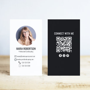 Tarjeta De Visita Código QR de Foto Moderna Negro y Blanco
