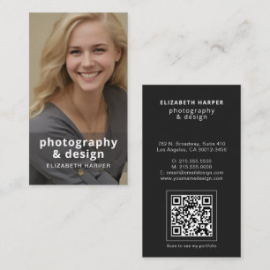 Tarjeta De Visita Código QR de Foto Negra Moderna Profesional Elegan