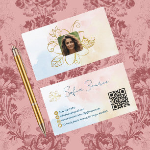 Tarjeta De Visita Código QR de Foto Profesional Floral Pastel Person