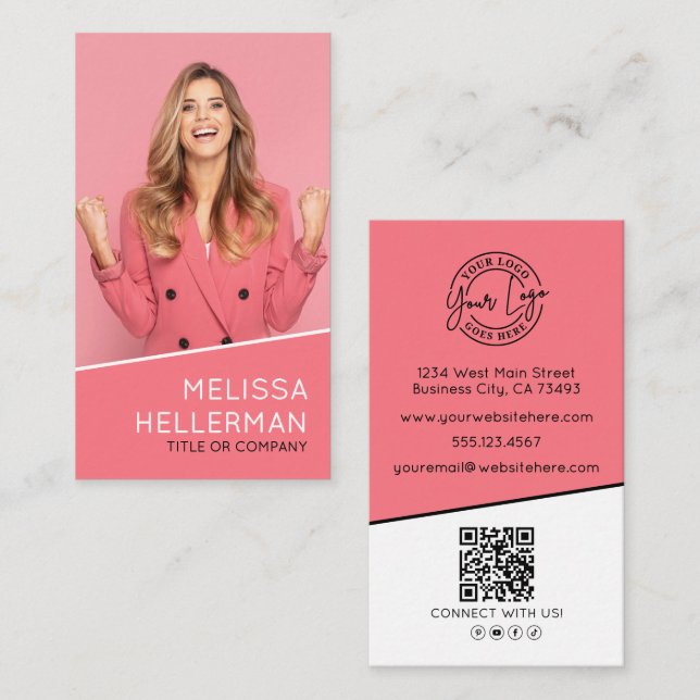 Tarjeta De Visita Código QR de foto profesional Logo Vertical Rosa (Anverso / Reverso)