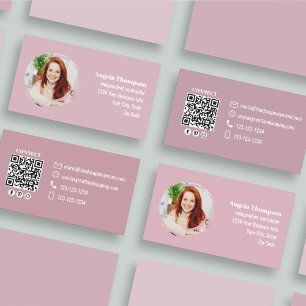 Tarjeta De Visita Código QR de Foto Rosa para Redes Sociales