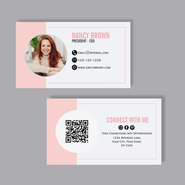 Tarjeta De Visita Código QR de Foto Rosa Sonrojado Conéctate Conmigo (Soft blush pink photo networking card with QR code back, clean minimalist layout, and elegant modern)