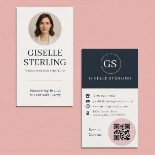 Tarjeta De Visita Código QR de Foto Rosa Sonrojado y Azul Marino
