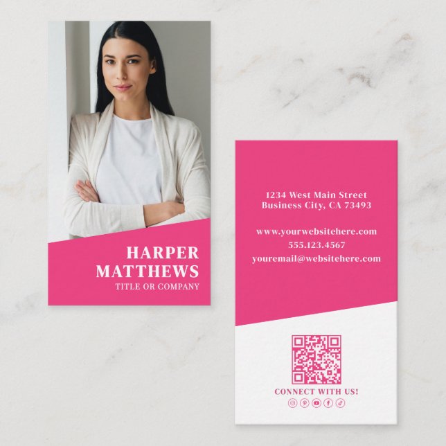 Tarjeta De Visita Código QR de Foto Rosa Vertical (Anverso / Reverso)