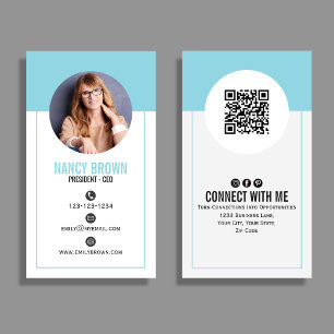 Tarjeta De Visita Código QR de Foto Verde Azul Claro Conecta Conmigo