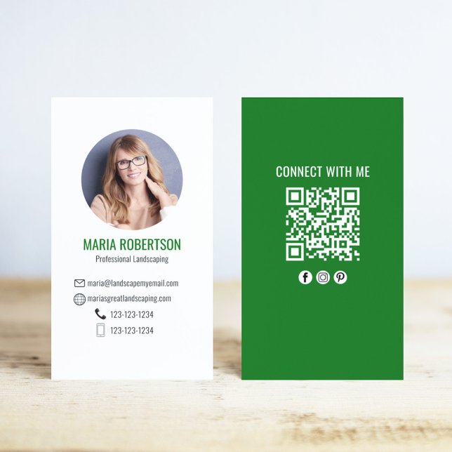 Tarjeta De Visita Código QR de Foto Verde Conéctate Conmigo (Green Modern Photo Business Cards.)