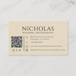 Tarjeta De Visita Código QR de Fotógrafo de Boda con Lino Falso Mode
