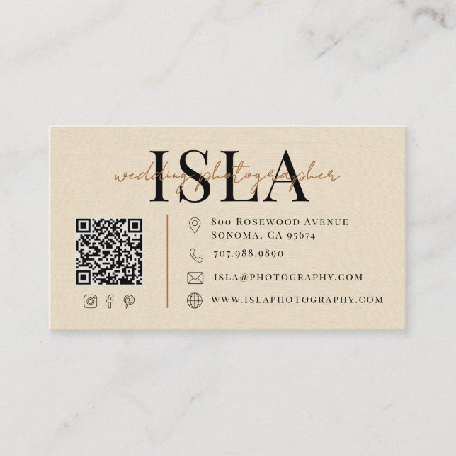 Tarjeta De Visita Código QR de Fotógrafo de Boda de Lino Falso Moder (Anverso)