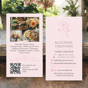Tarjeta De Visita Código qr de fotos de floristería minimalista rosa
