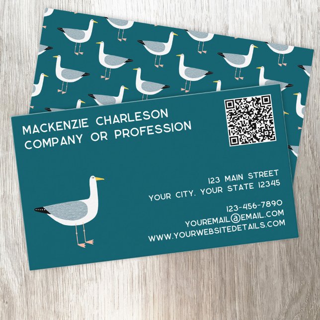 Tarjeta De Visita Código QR de gaviota (Seagull coastal nautical personalized text QR code custom business cards)