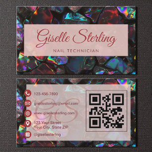 Tarjeta De Visita Código QR de Gemstone Óptico Negro Técnico de uñas