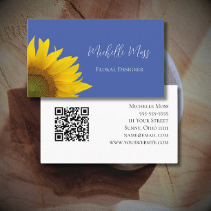 Tarjeta De Visita Código QR de girasol botánico Azul singulares