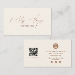 Tarjeta De Visita Código QR de guión de firma marrón boho profesiona